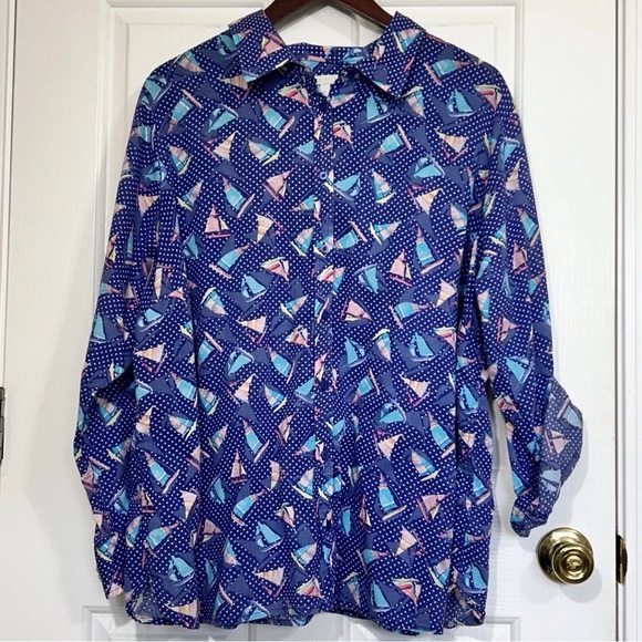 Talbots Sailboat Nautical Polka Dot Blouse Plus Size 2x Blue Roll Tab Sleeve - Picture 1 of 6